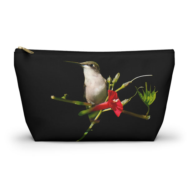 Hummingbird Red Bloom Black Accessory Pouch w T-bottom