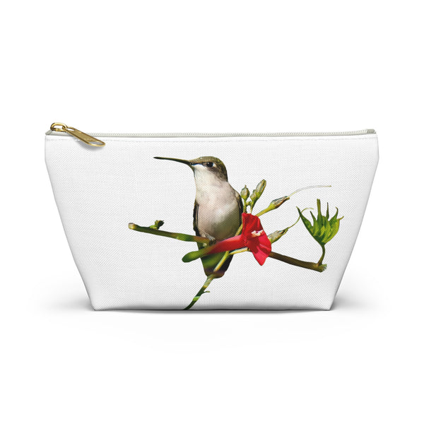 Hummingbird Red Bloom White Accessory Pouch w T-bottom