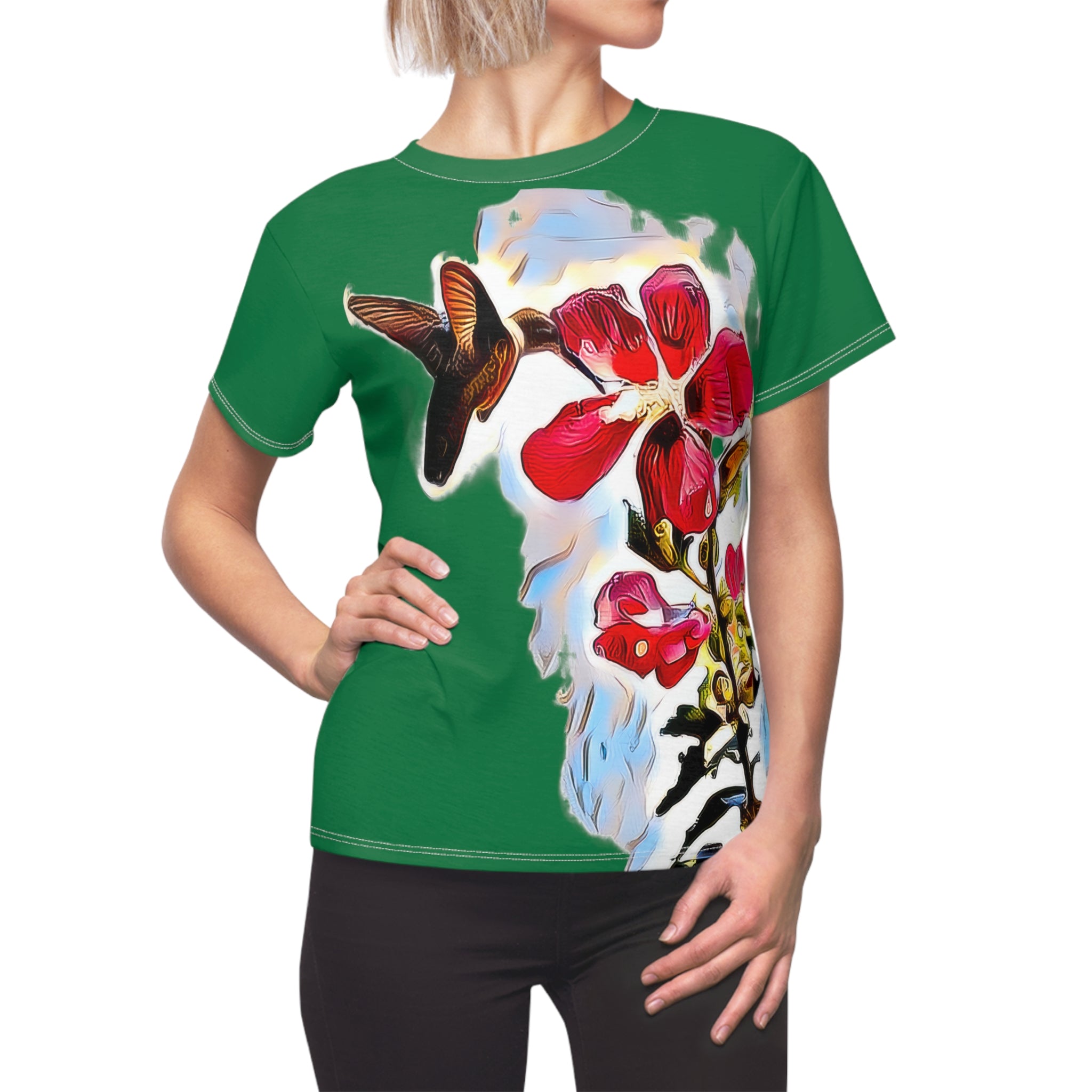 Women's Cut & Sew Hummingbird Red Rosa Green Tee (AOP 1)