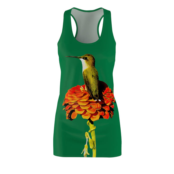 Hummingbird Orange Platform Green Women's Cut & Sew Racerback Dress (AOP)