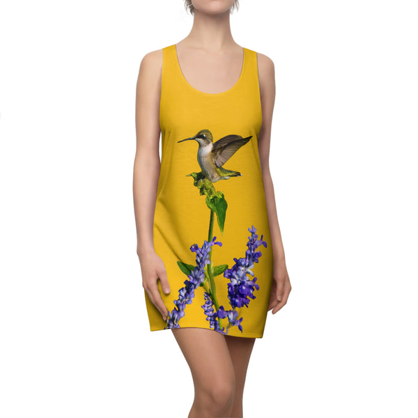 Hummingbird Lookout Yellow Women's Cut & Sew Racerback Dress (AOP)