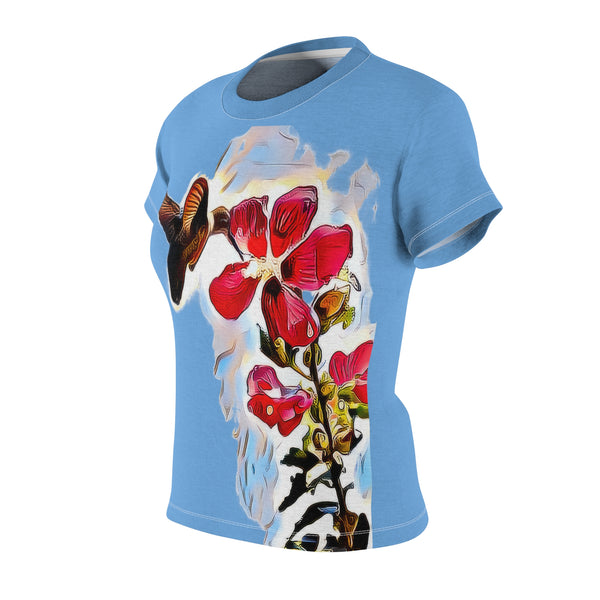 Women's Cut & Sew Hummingbird Red Rosa Light Blue Tee (AOP 1)