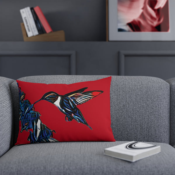 Hummingbird Blue Stick Red Cushion