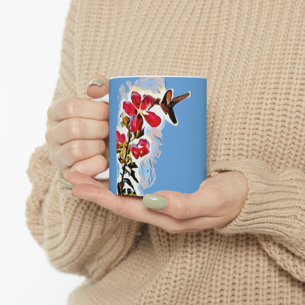 Hummingbird Red Rosa Light Blue Ceramic Mug 11oz