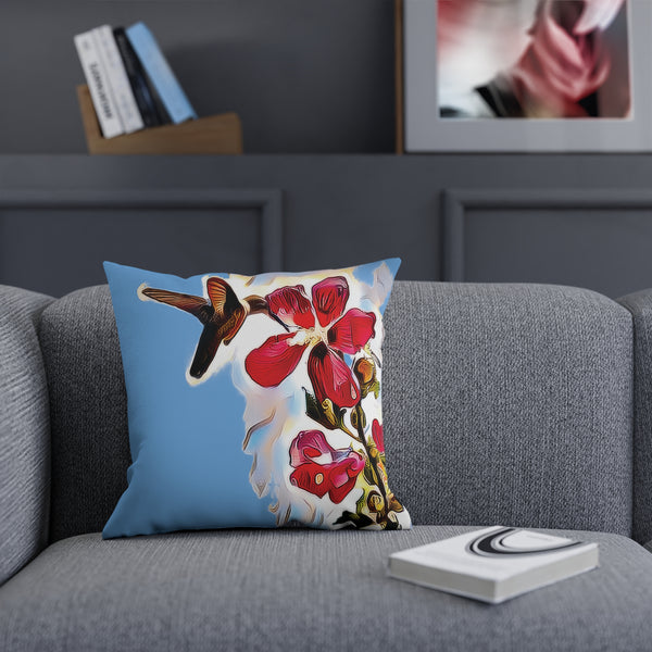 Hummingbird Red Rosa Light Blue Cushion