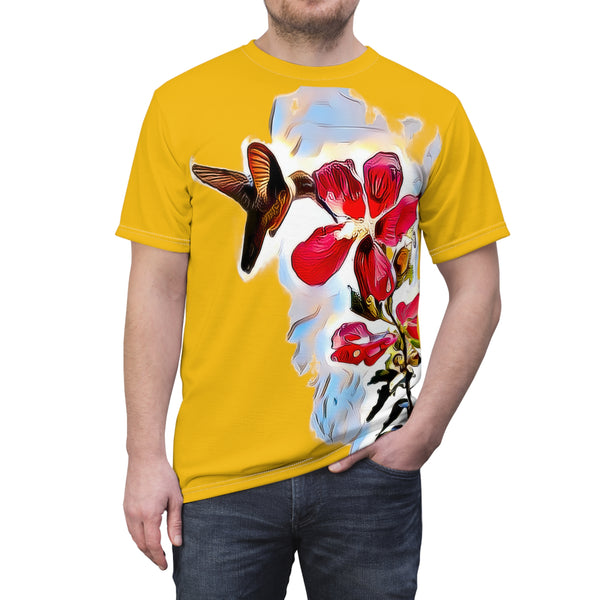 Unisex Cut & Sew Hummingbird Red Rosa Yellow Tee (AOP 1)