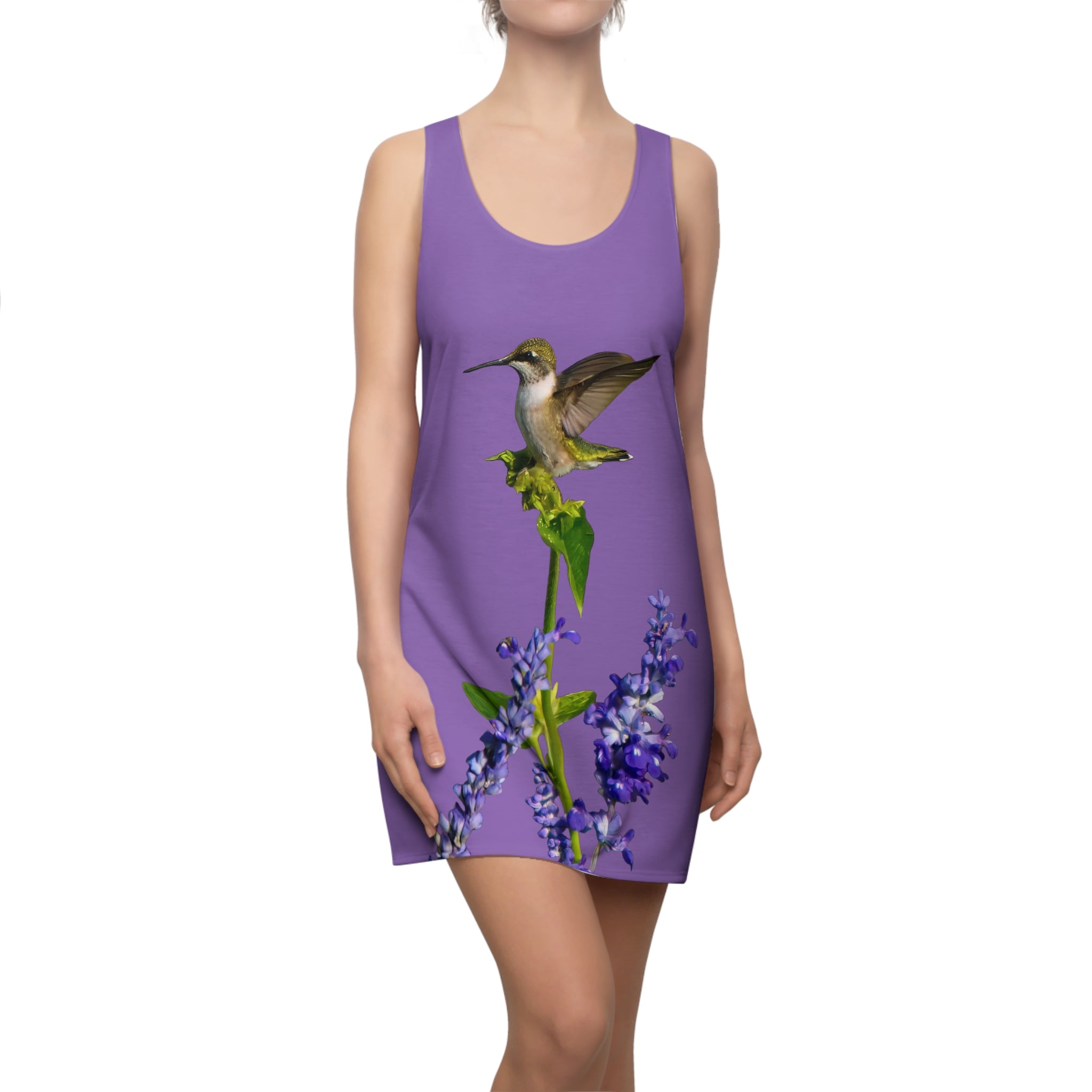 Hummingbird Lookout Day Purple Women's Cut & Sew Racerback Dress (AOP)