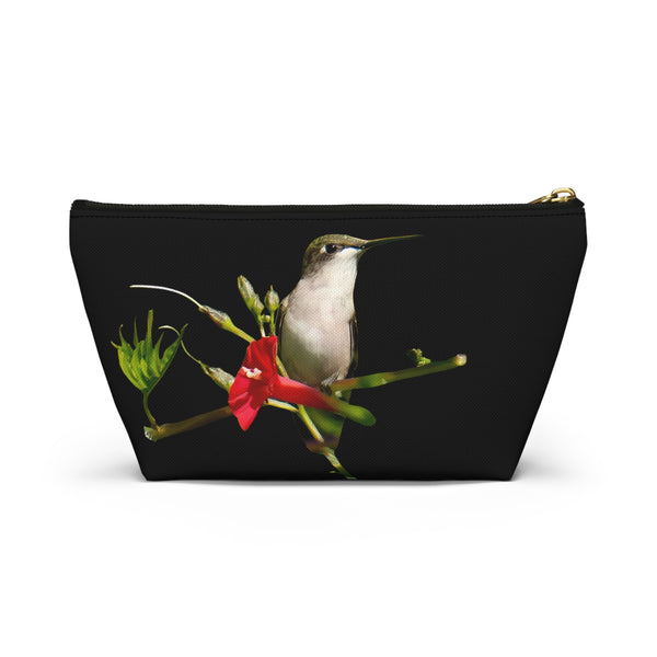 Hummingbird Red Bloom Black Accessory Pouch w T-bottom