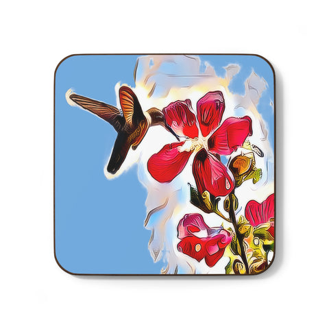 Hummingbird Red Rosa Light Blue Hardboard Back Coaster