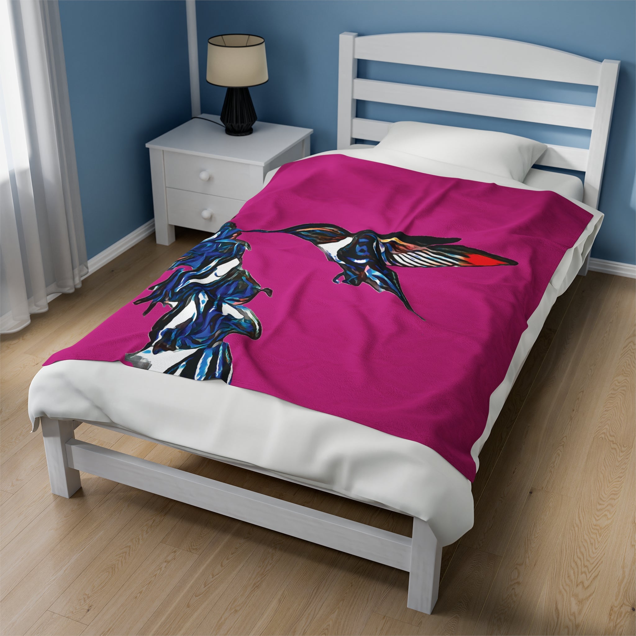 Hummingbird Blue Stick Neat Pink Velveteen Plush Blanket