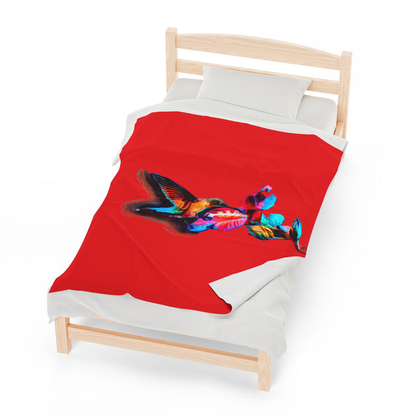 Hummingbird Landing Red Velveteen Plush Blanket