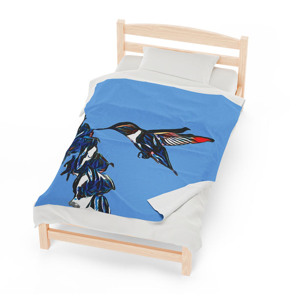 Hummingbird Blue Stick Light Blue Velveteen Plush Blanket