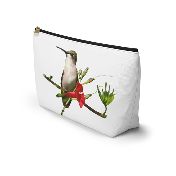 Hummingbird Red Bloom White Accessory Pouch w T-bottom