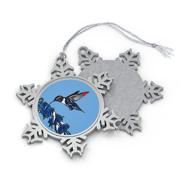 Hummingbird Blue Stick Pewter Light Blue Snowflake Ornament