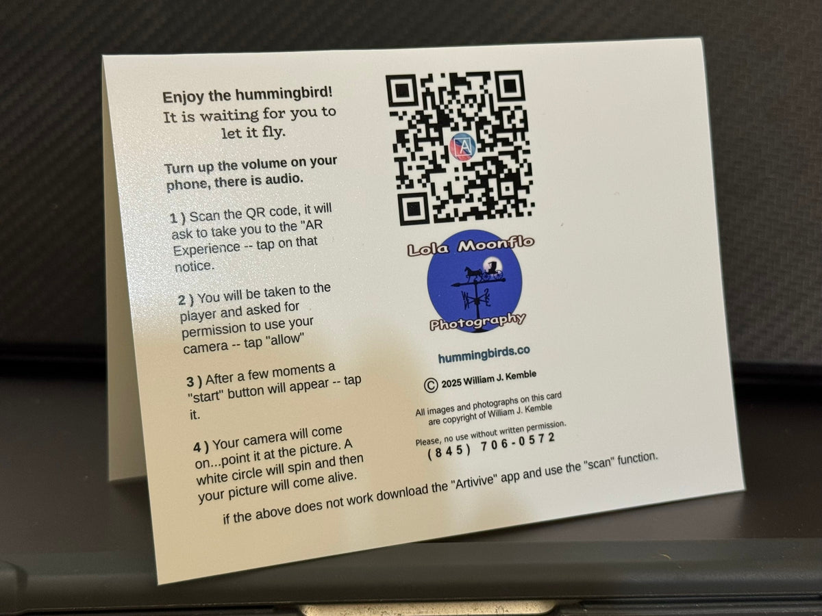 Back of Lola Moonflo note card with scan code to bring the artwork to life