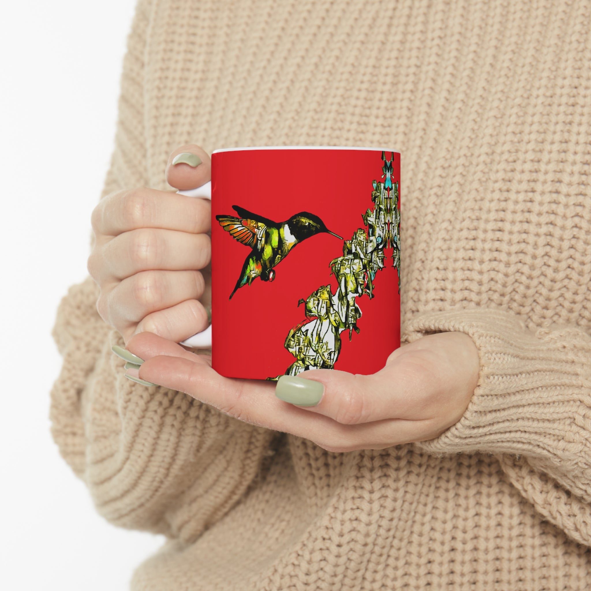 Hummingbird Stick Red Ceramic Mug 11oz