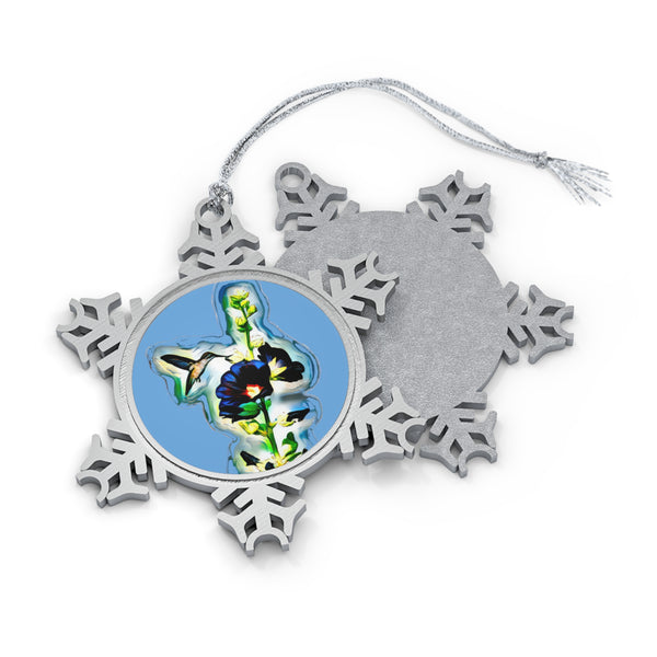 Hummingbird Standing Pewter Light Blue Snowflake Ornament