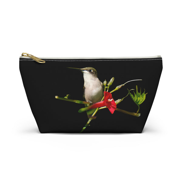 Hummingbird Red Bloom Black Accessory Pouch w T-bottom