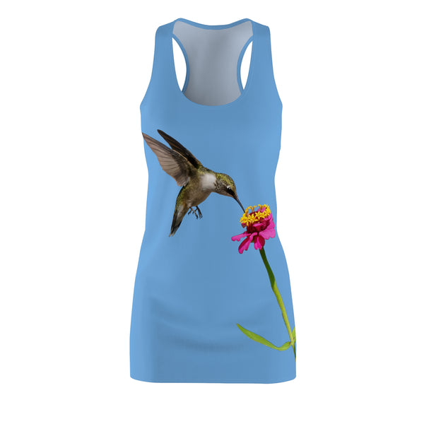 Hummingbird Zinnia Sip Light Blue Women's Cut & Sew Racerback Dress (AOP)