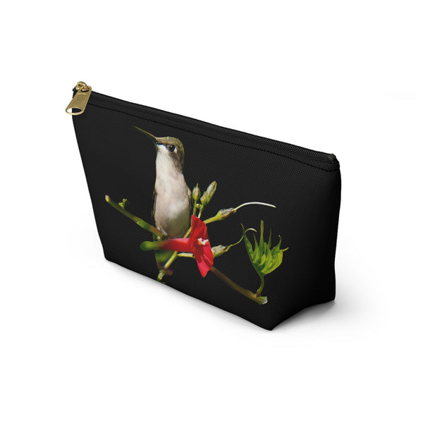 Hummingbird Red Bloom Black Accessory Pouch w T-bottom