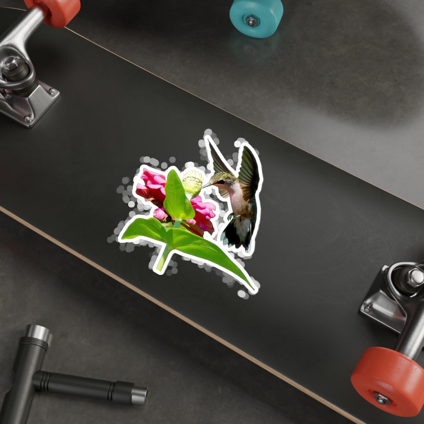Hummingbird Hidden Zinnia Red Bloom Die-Cut Stickers