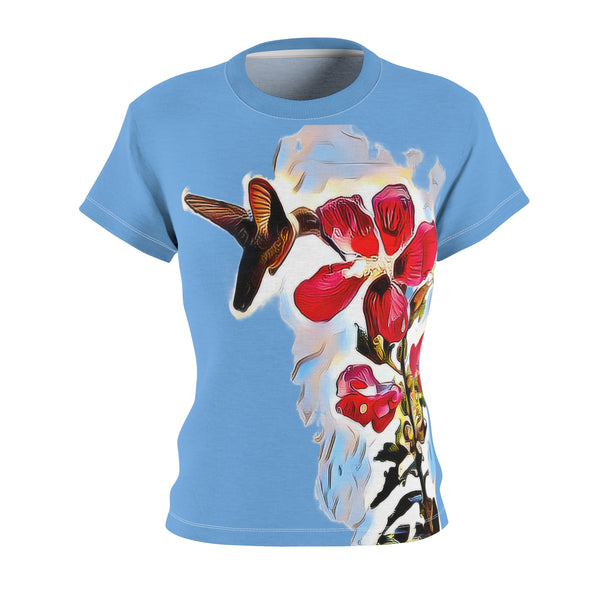 Women's Cut & Sew Hummingbird Red Rosa Light Blue Tee (AOP 1)