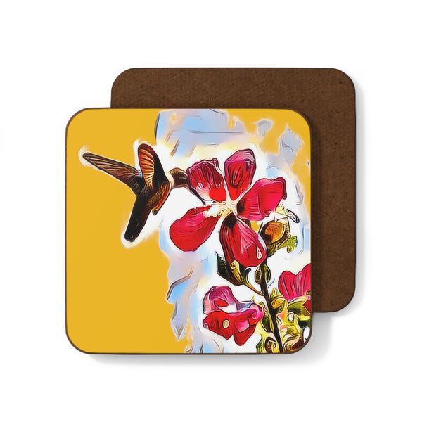 Hummingbird Red Rosa Yellow Hardboard Back Coaster