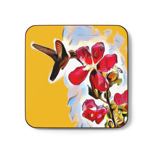 Hummingbird Red Rosa Yellow Hardboard Back Coaster