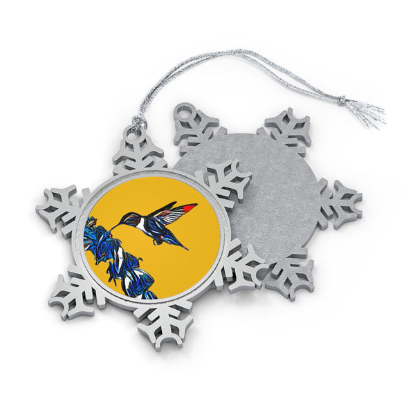 Hummingbird Blue Stick Pewter Yellow Snowflake Ornament