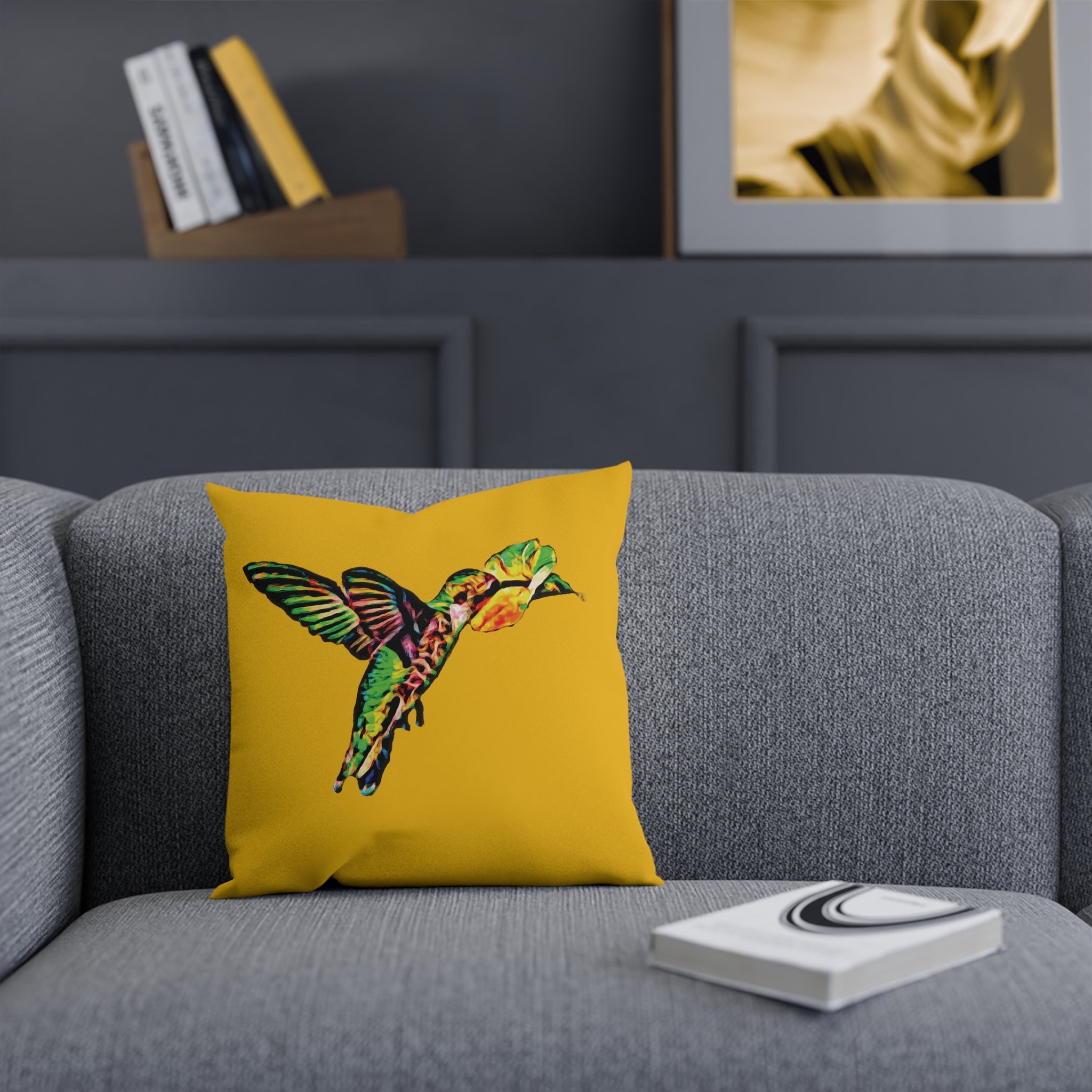 Hummingbird Emerald Sip Yellow Cushion