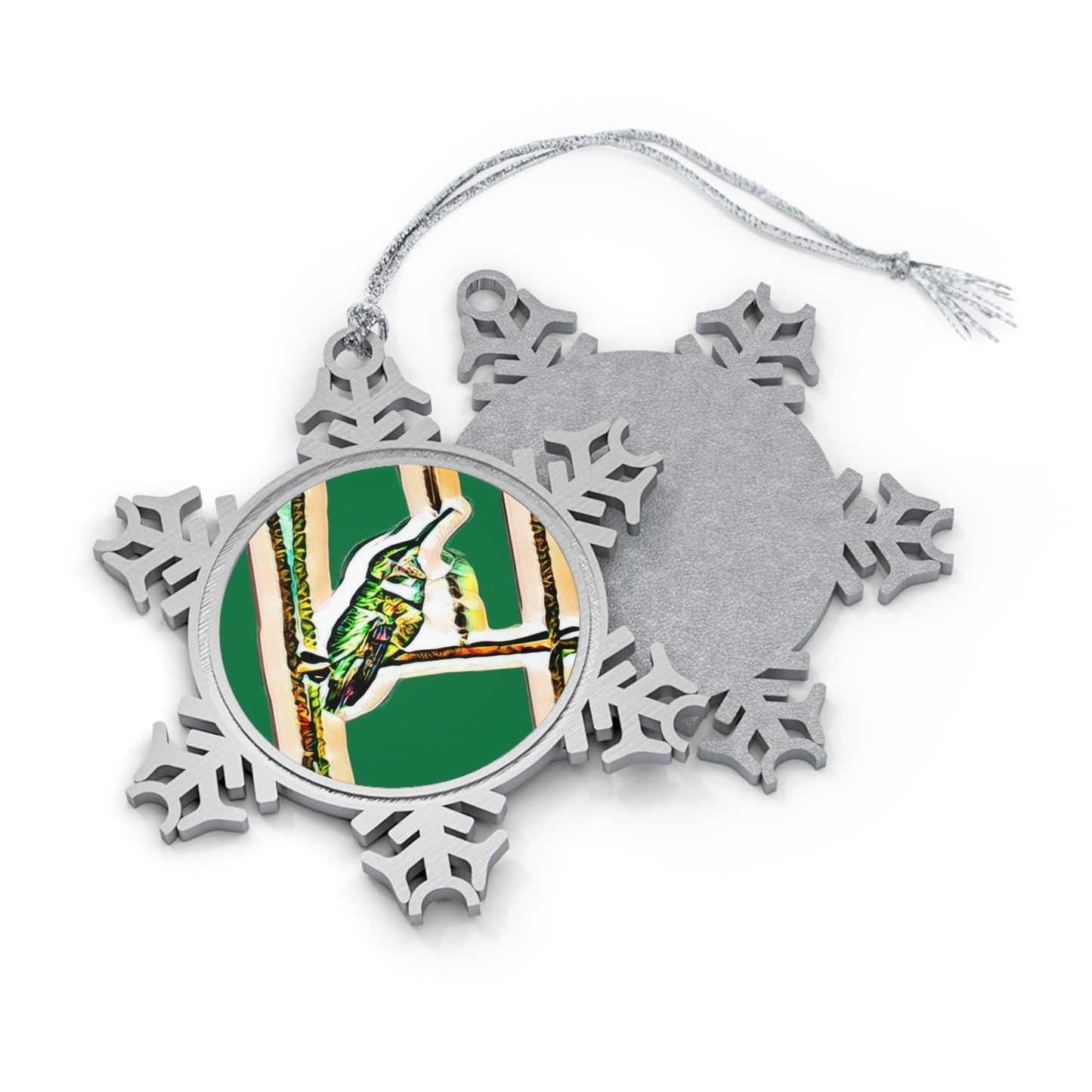 Hummingbird Gaze Pewter Green Snowflake Ornament
