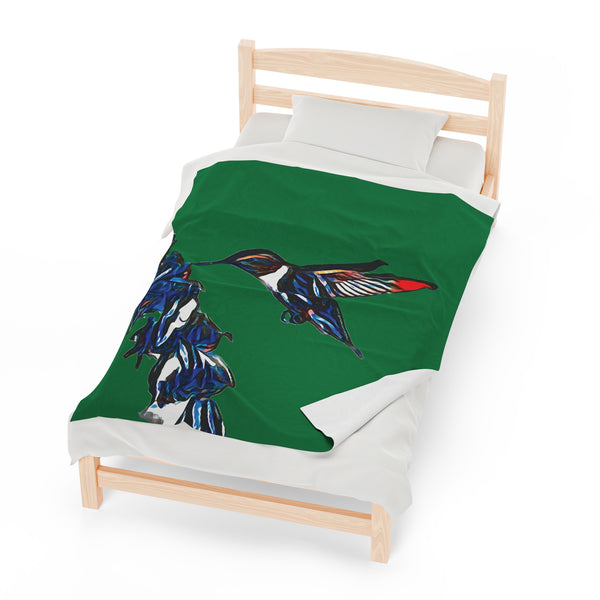 Hummingbird Blue Stick Green Velveteen Plush Blanket