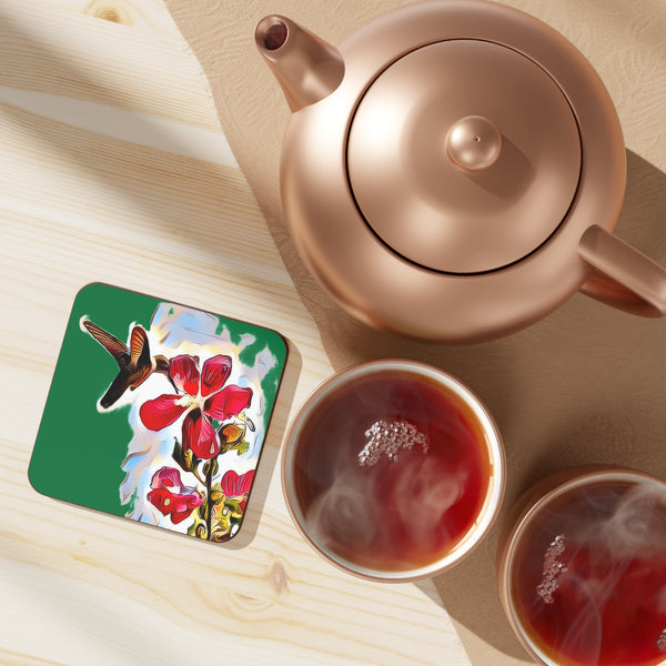 Hummingbird Red Rosa Green Hardboard Back Coaster