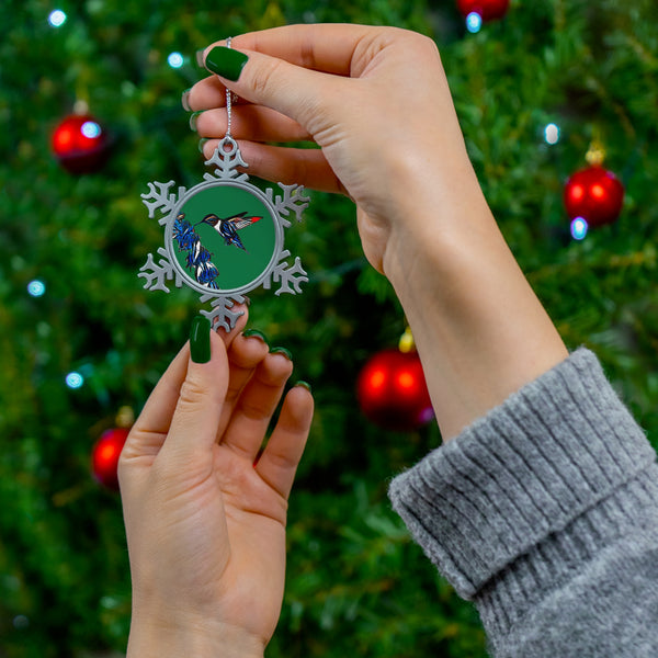 Hummingbird Blue Stick Pewter Green Snowflake Ornament