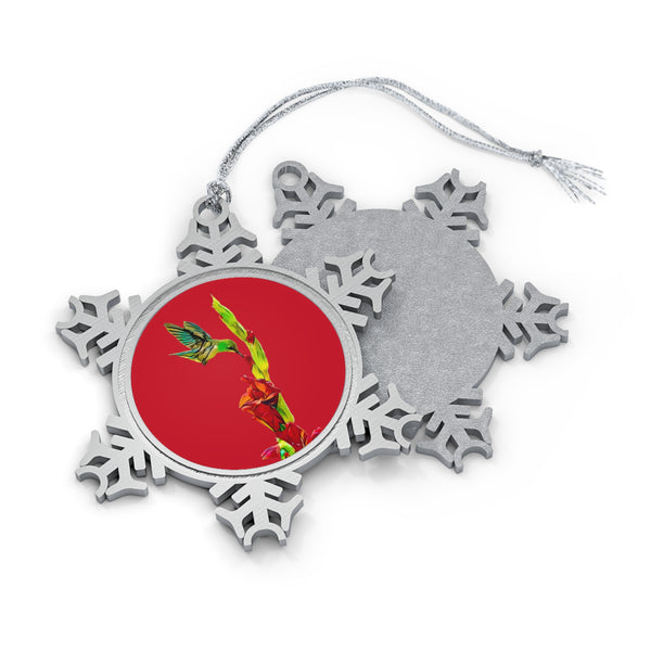 Hummingbird Gladiolus Pewter Red Snowflake Ornament