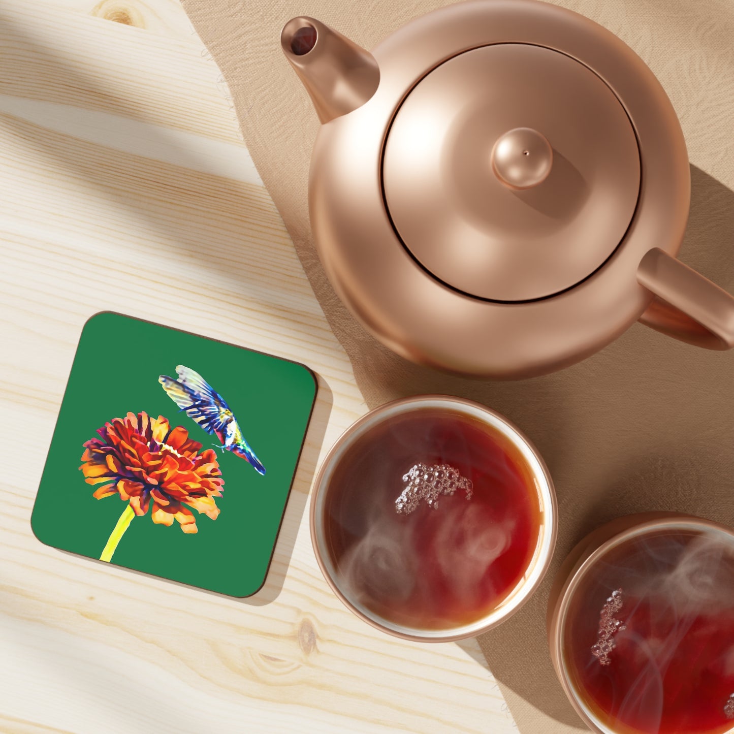 Hummingbird Wings Up Green Hardboard Back Coaster