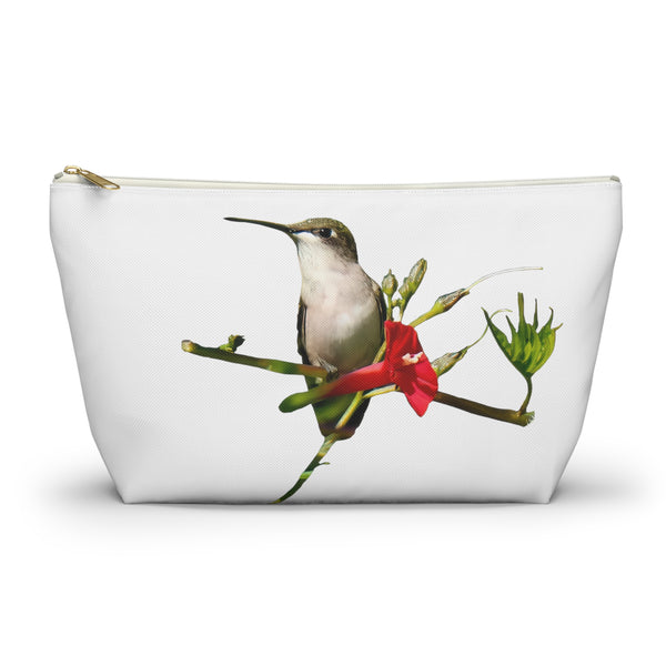 Hummingbird Red Bloom White Accessory Pouch w T-bottom