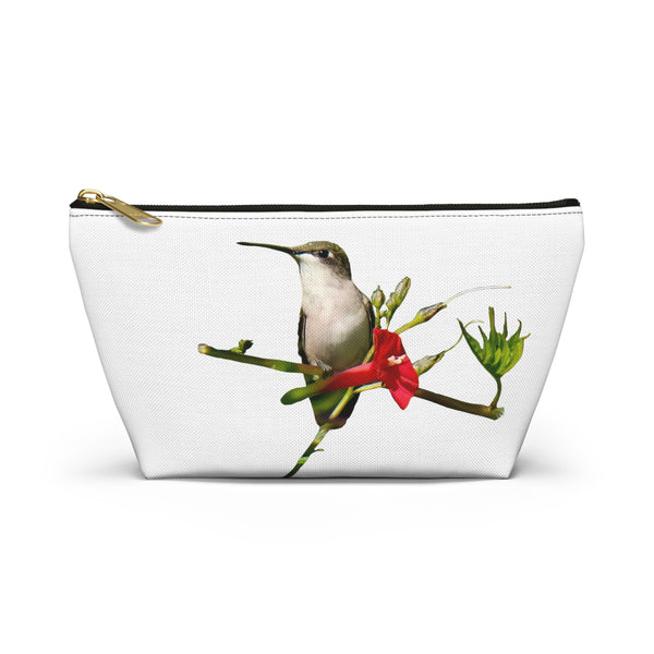 Hummingbird Red Bloom White Accessory Pouch w T-bottom