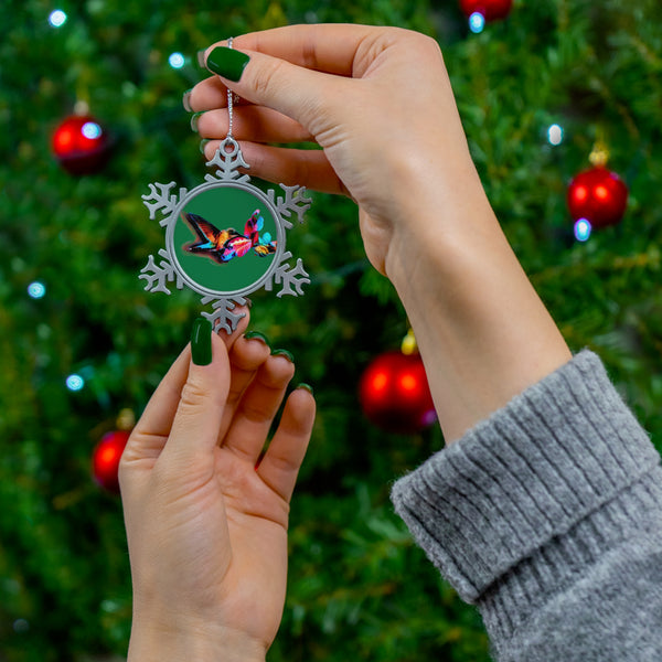 Hummingbird Landing Pewter Green Snowflake Ornament