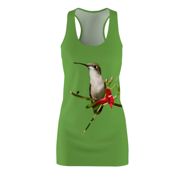 Hummingbird Red Bloom Green Women's Cut & Sew Racerback Dress (AOP)