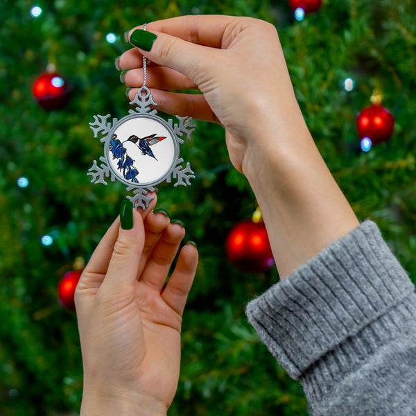 Hummingbird Blue Stick Pewter Snowflake Ornament