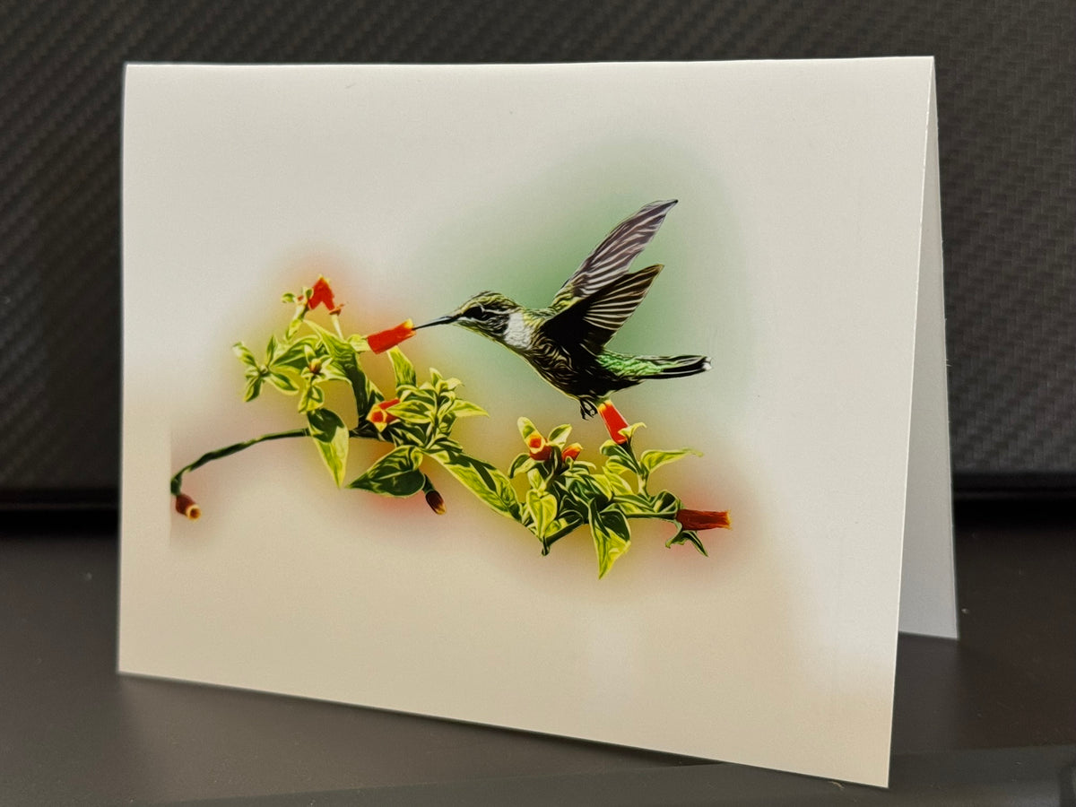 Ruby-throated hummingbird feeding at small orange blooms on a painterly note card