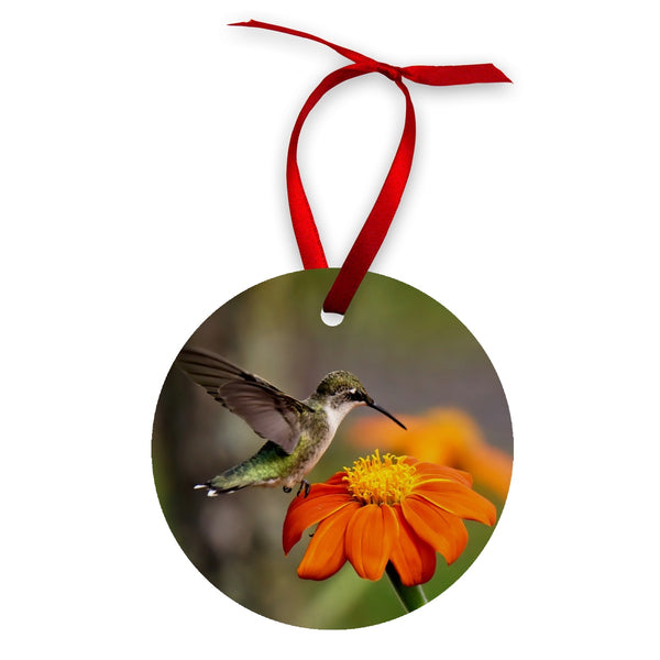 Hummingbird Orange Flower Wood Ornament