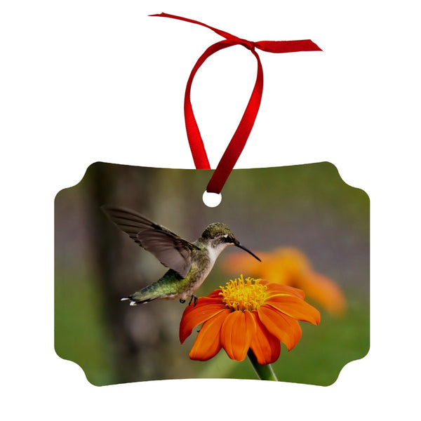 Hummingbird Orange Flower Wood Ornament