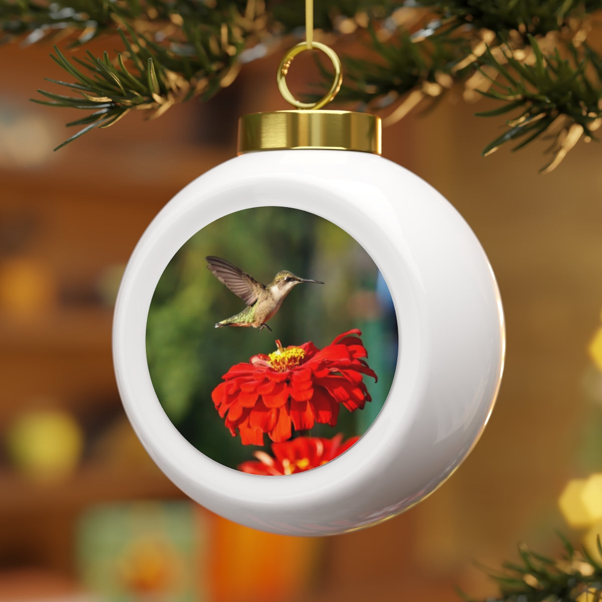 Bouncing Red Hummingbird Christmas Ball Ornament